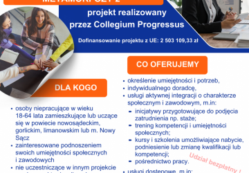 Informacja o rozpoczęciu realizacji projektu pt. „Kompleksowy Program Reintegracji Społecznej i Zawodowej Mieszkańców Subregionu Sądeckiego Metamorfozy 2”.