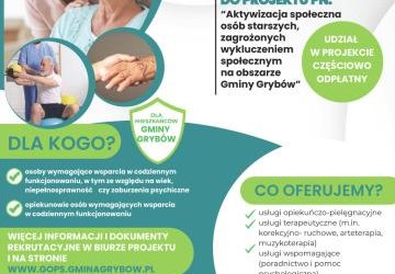 Gminne Centrum Usług Społecznych w Grybowie informuje, że wciąż można zgłaszać się do projektu „Aktywizacja społeczna osób starszych zagrożonych wykluczeniem społecznym na obszarze Gminy Grybów” – trwa ciągła rekrutacja